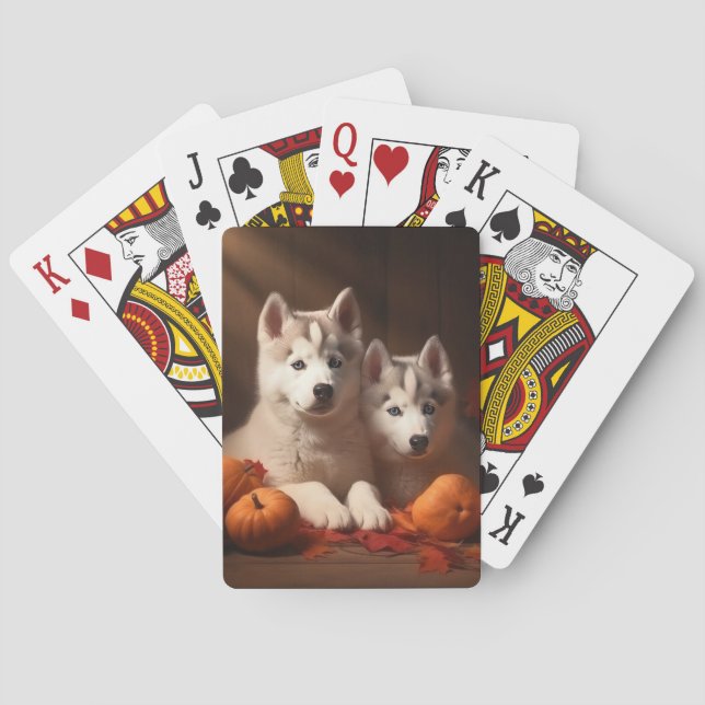 Siberian Husky Puppy Autumn Delight Pumpkin  Poker Cards (Back)