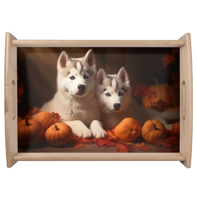 Siberian Husky Puppy Autumn Delight Pumpkin  Serving Tray (Front)