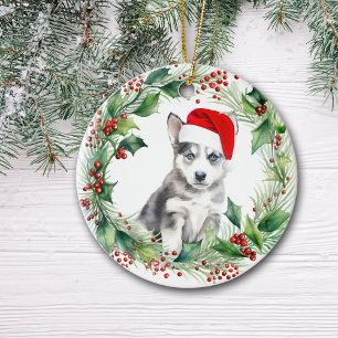 Siberian Husky Puppy Holly Wreath Christmas Ceramic Ornament