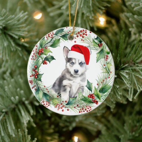 Siberian Husky Puppy Holly Wreath Christmas Ceramic Ornament