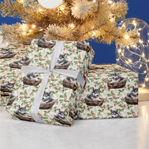 Siberian Husky Puppy in Basket Christmas Holly  Wrapping Paper
