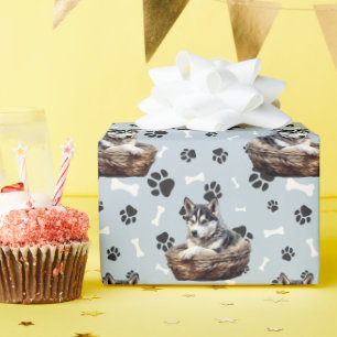 Siberian Husky Puppy in Basket Paw Print Wrapping Paper