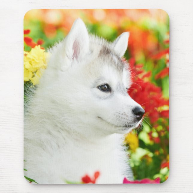 Siberian Husky Puppy in Flowers Mousepad (Front)