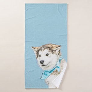 Siberian Husky Puppy Painting - Original Dog Art Bath Towel Set