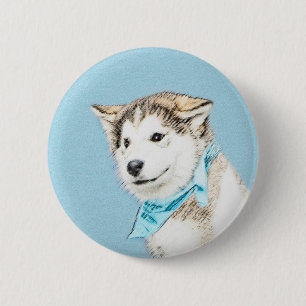 Siberian Husky Puppy Painting - Original Dog Art Button