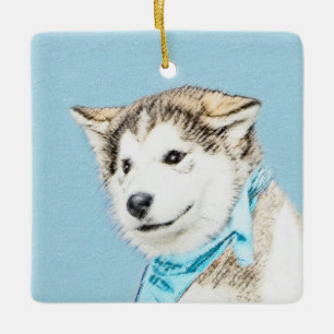 Siberian Husky Puppy Painting - Original Dog Art Ceramic Ornament