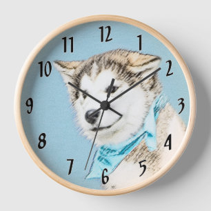 Siberian Husky Puppy Painting - Original Dog Art Clock