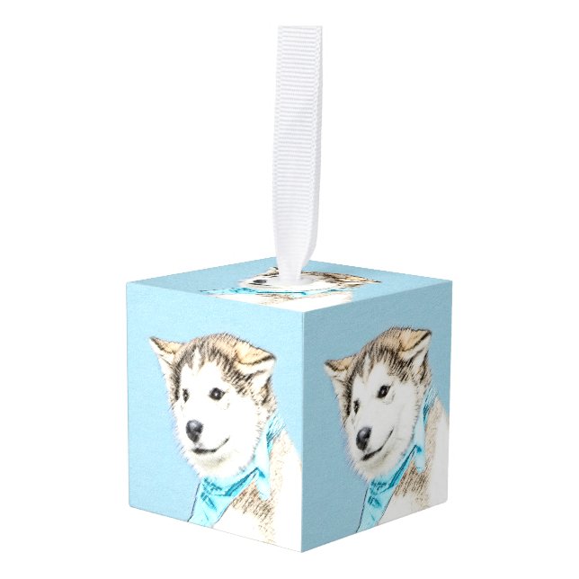 Siberian Husky Puppy Painting - Original Dog Art Cube Ornament (Front Angled)