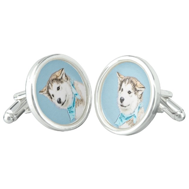 Siberian Husky Puppy Painting - Original Dog Art Cufflinks (Angled)