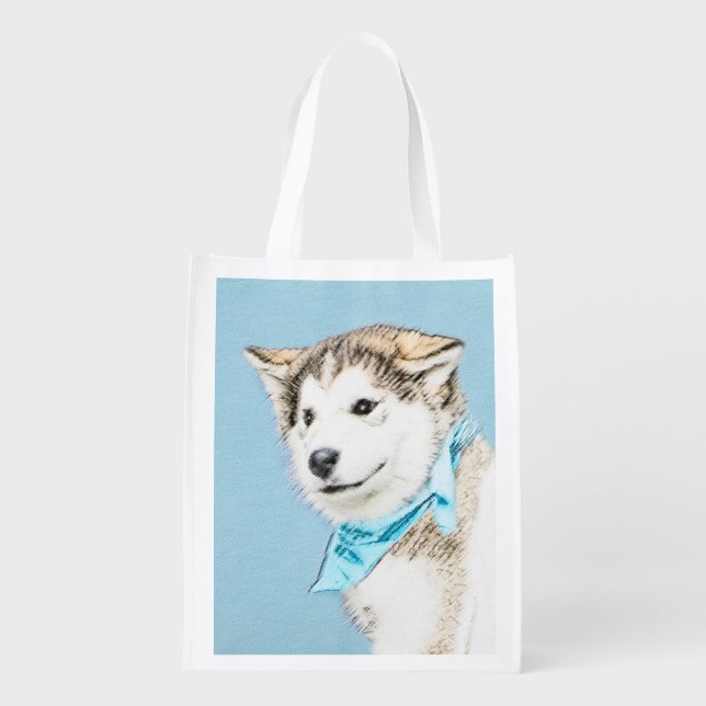 Siberian Husky Puppy Painting - Original Dog Art Grocery Bag (Back)