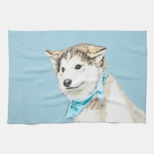 Siberian Husky Puppy Painting - Original Dog Art Kitchen Towel