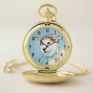 Siberian Husky Puppy Painting - Original Dog Art Pocket Watch