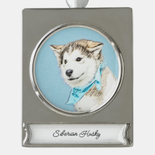 Siberian Husky Puppy Painting - Original Dog Art S Silver Plated Banner Ornament