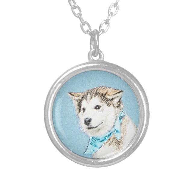 Siberian Husky Puppy Painting - Original Dog Art Silver Plated Necklace (Front)