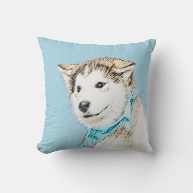 Siberian Husky Puppy Painting - Original Dog Art Throw Pillow (Front)