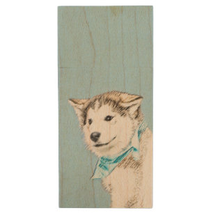 Siberian Husky Puppy Painting - Original Dog Art Wood Flash Drive