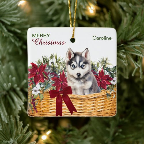 Siberian Husky Puppy Poinsettia Christmas Basket Ceramic Ornament
