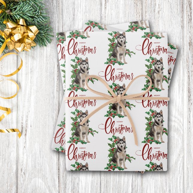 Siberian Husky Red Berry Holly Christmas Wrapping Paper Sheets (Creator Uploaded)