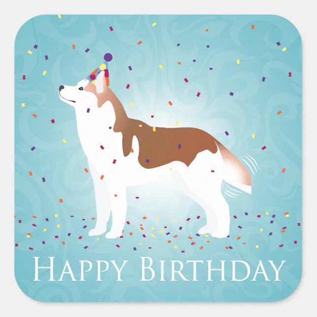 Siberian Husky Red Happy Birthday Design Square Sticker Zazzle