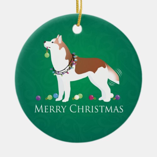 Siberian Husky _ Red _ Merry Christmas Design Ceramic Ornament