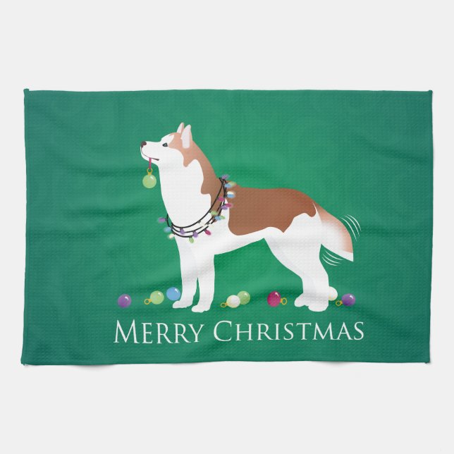 Siberian Husky - Red - Merry Christmas Design Kitchen Towel (Horizontal)