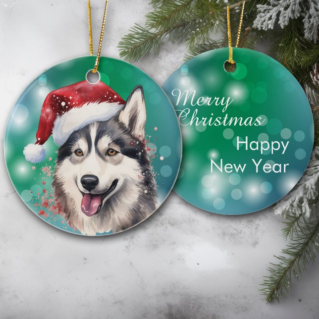Siberian Husky Red Santa Hat Bokeh Christmas Ceramic Ornament (Creator Uploaded)