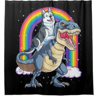 Siberian Husky Riding Dinosaur T Rex Gifts Boys Shower Curtain