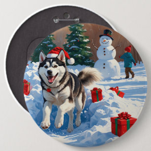 Siberian Husky Running in Snow with Christmas Hat Button
