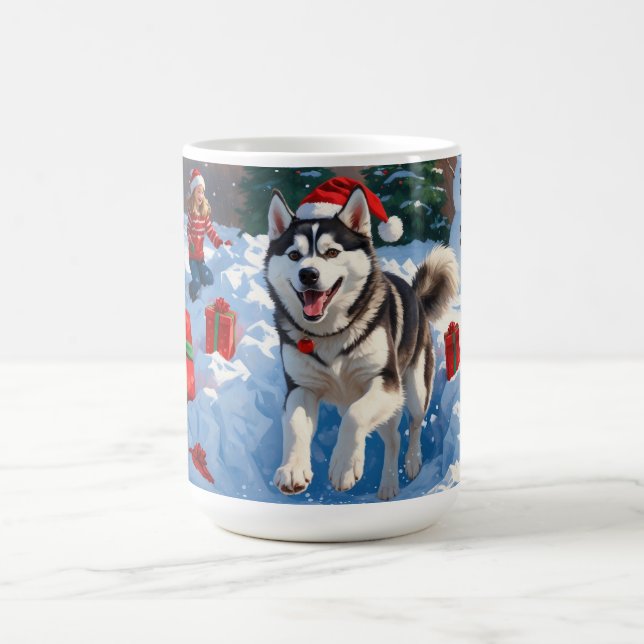 Siberian Husky Running in Snow with Christmas Hat Coffee Mug (Center)