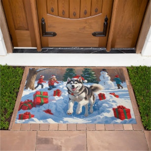 Siberian Husky Running in Snow with Christmas Hat Doormat
