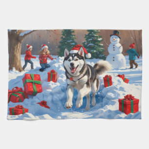 Siberian Husky Running in Snow with Christmas Hat Kitchen Towel