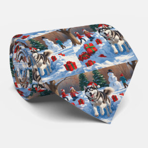 Siberian Husky Running in Snow with Christmas Hat Neck Tie