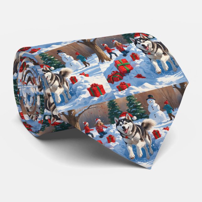 Siberian Husky Running in Snow with Christmas Hat Neck Tie (Rolled)