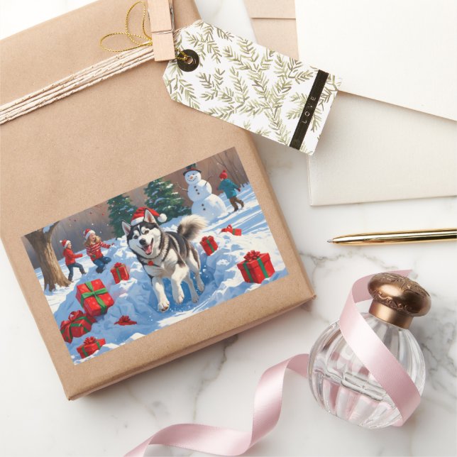 Siberian Husky Running in Snow with Christmas Hat Rectangular Sticker (Gifting)