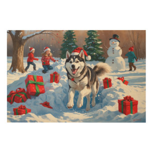 Siberian Husky Running in Snow with Christmas Hat Wood Wall Art