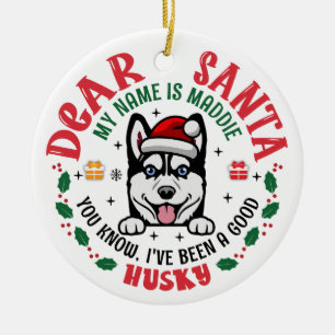 Siberian Husky Santa Christmas Custom Dog Name Ceramic Ornament