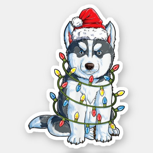 Siberian Husky Santa Christmas Tree Lights Xmas Bo Sticker