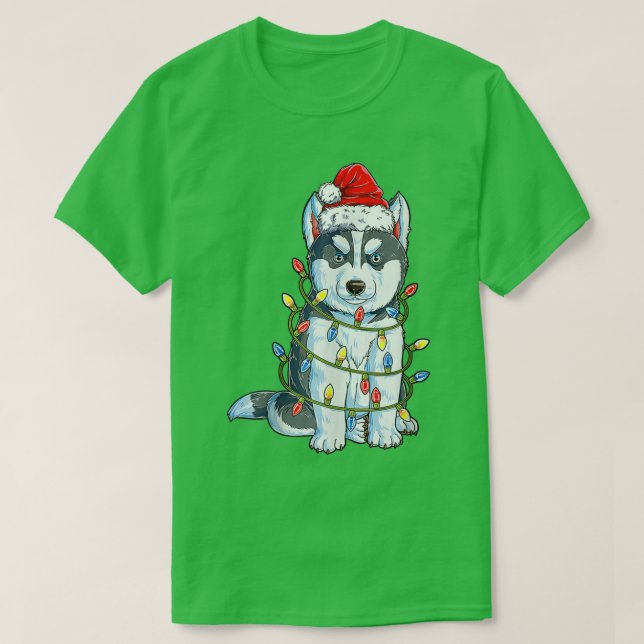 Siberian Husky Santa Christmas Tree Lights Xmas Bo T-Shirt (Design Front)