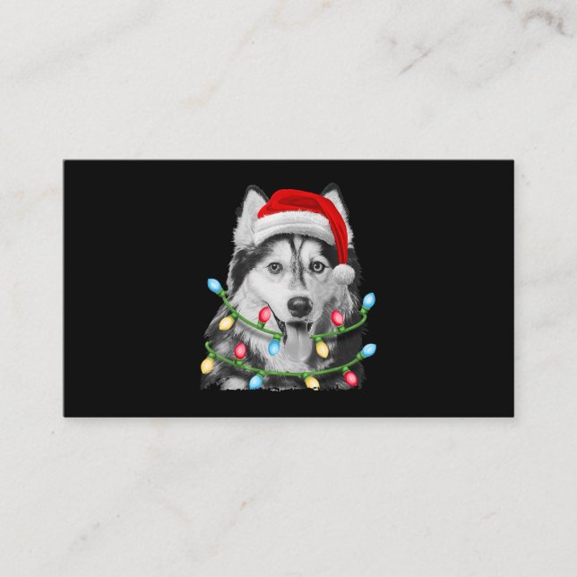 Siberian Husky Santa Christmas Tree Lights Xmas Business Card (Front)
