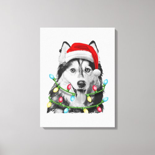 Siberian Husky Santa Christmas Tree Lights Xmas Canvas Print