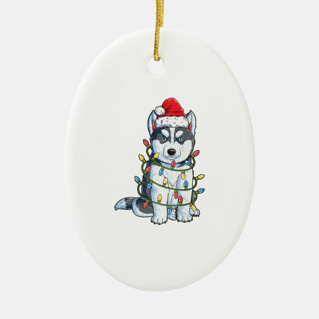 Siberian Husky Santa Christmas Tree Lights Xmas Ceramic Ornament (Front)