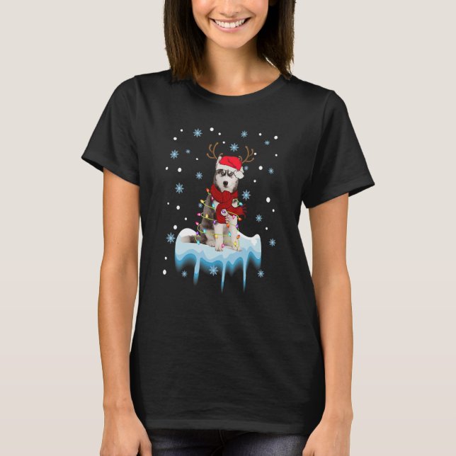 Siberian Husky Santa Christmas Tree Lights Xmas Do T-Shirt (Front)