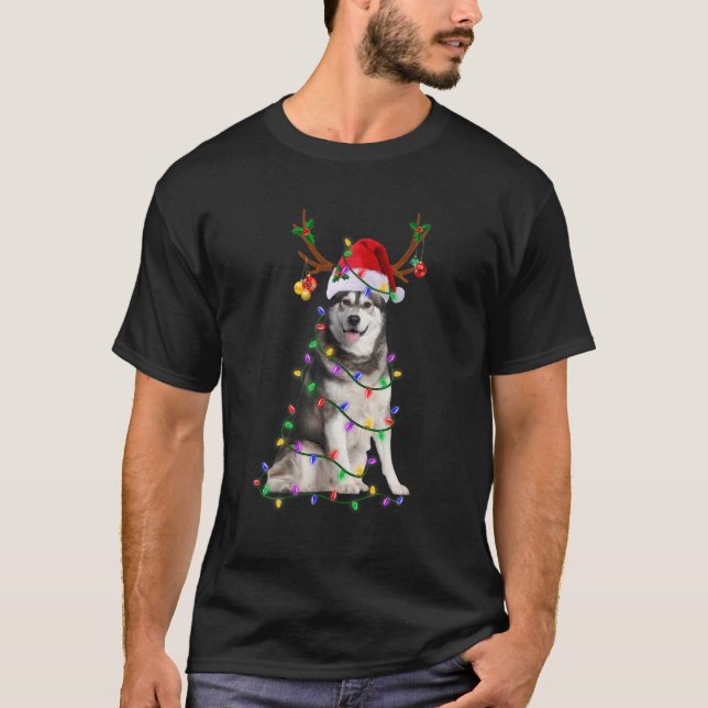 Siberian Husky Santa Christmas Tree Lights Xmas Do T-Shirt (Front)