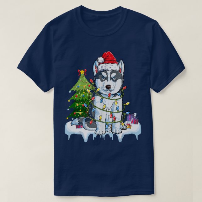Siberian Husky Santa Christmas Tree Lights Xmas Gi T-Shirt (Design Front)