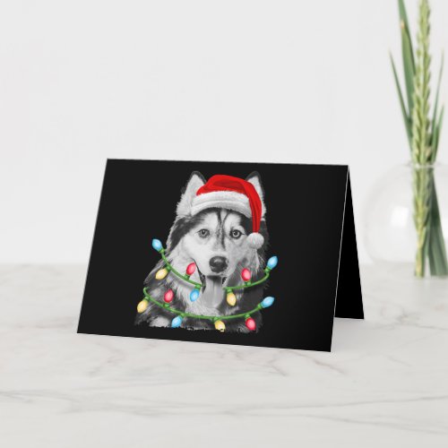 Siberian Husky Santa Christmas Tree Lights Xmas Holiday Card