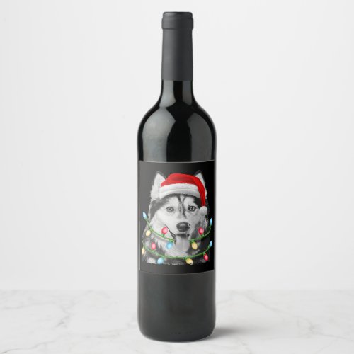 Siberian Husky Santa Christmas Tree Lights Xmas Wine Label