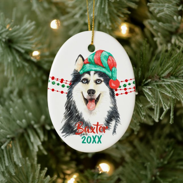 Siberian Husky Santa Hat Holiday String Beads Ceramic Ornament (Tree)