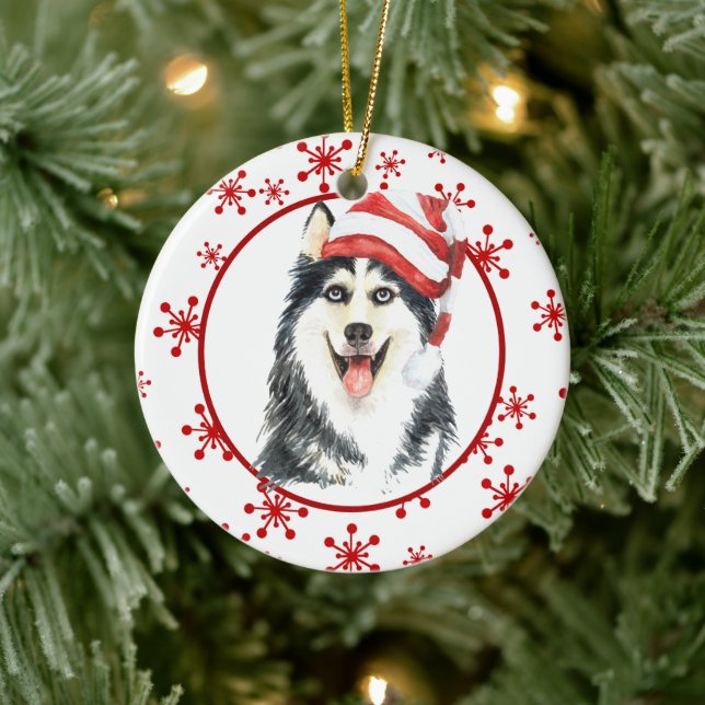 Siberian Husky Santa Hat Red Snowflake Ceramic Ornament (Tree)