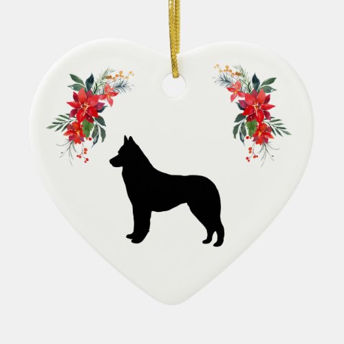 Siberian Husky Silhouette with Name Poinsettia Ceramic Ornament