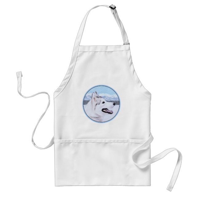 Siberian Husky (Silver and White) Painting Dog Art Adult Apron (Front)